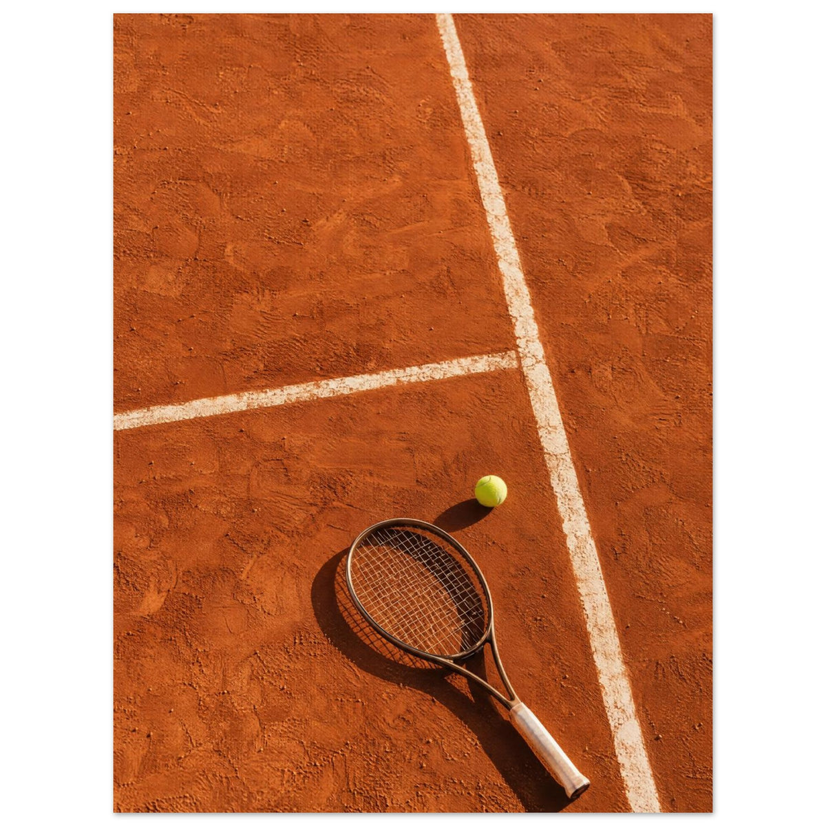 Tennis racket and yellow-green ball on an orange clay court, with white lines, footprints and strong shadows.