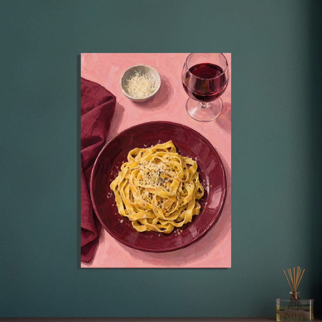 Pasta And Red Wine – illustration wall art print by Printavelle – close-up