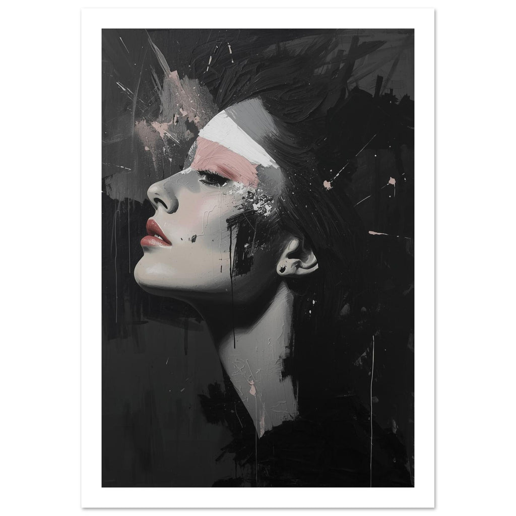 Woman's upward-tilted profile in grey and black brushwork, with pink eyelids and lips against a dark, splattered background.
