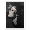 Woman's upward-tilted profile in grey and black brushwork, with pink eyelids and lips against a dark, splattered background.
