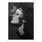 Woman's upward-tilted profile in grey and black brushwork, with pink eyelids and lips against a dark, splattered background.