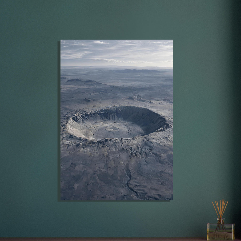 Large circular crater in a blue-grey desert plain, with rugged slopes, distant hills and a cloudy sky.