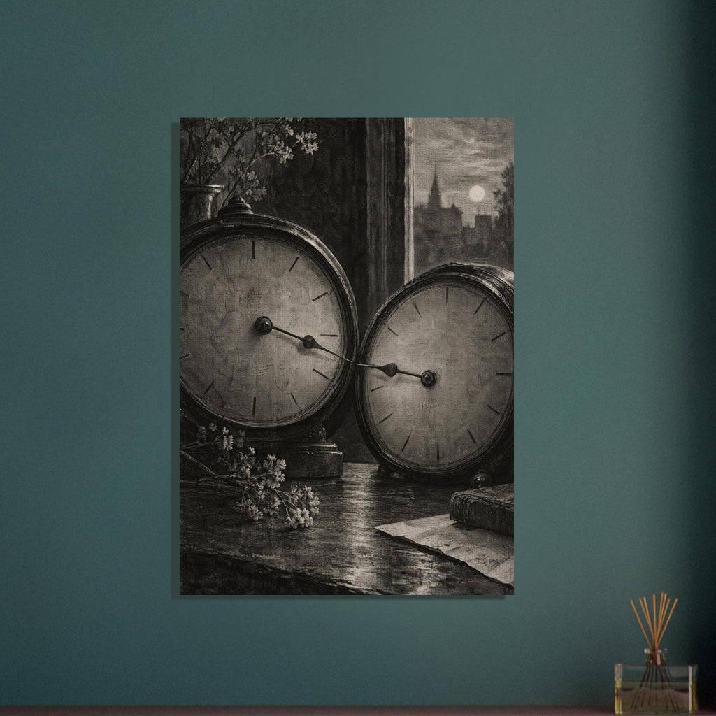 Two antique clocks on a wooden table with flowering branches, paper and a window overlooking silhouetted buildings.