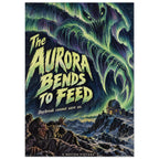 Green aurora monster looms over snowy mountains, an observatory and a reaching figure beneath bold horror poster lettering.