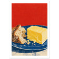 Torn crusty bread and a yellow block of butter on a blue plate against a textured red background.