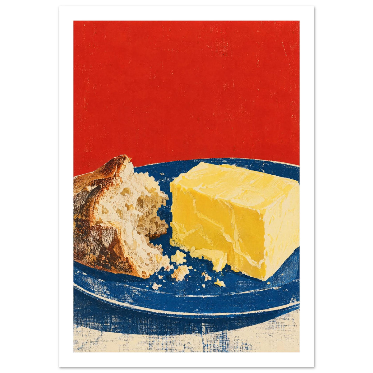 Torn crusty bread and a yellow block of butter on a blue plate against a textured red background.