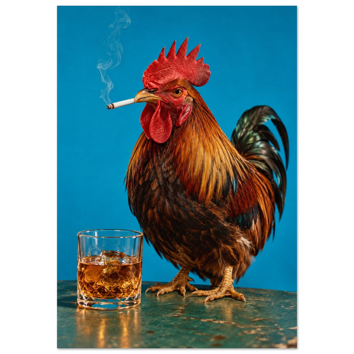 Rooster holding a smoking cigarette beside a glass of amber liquid and ice against a bright blue background.
