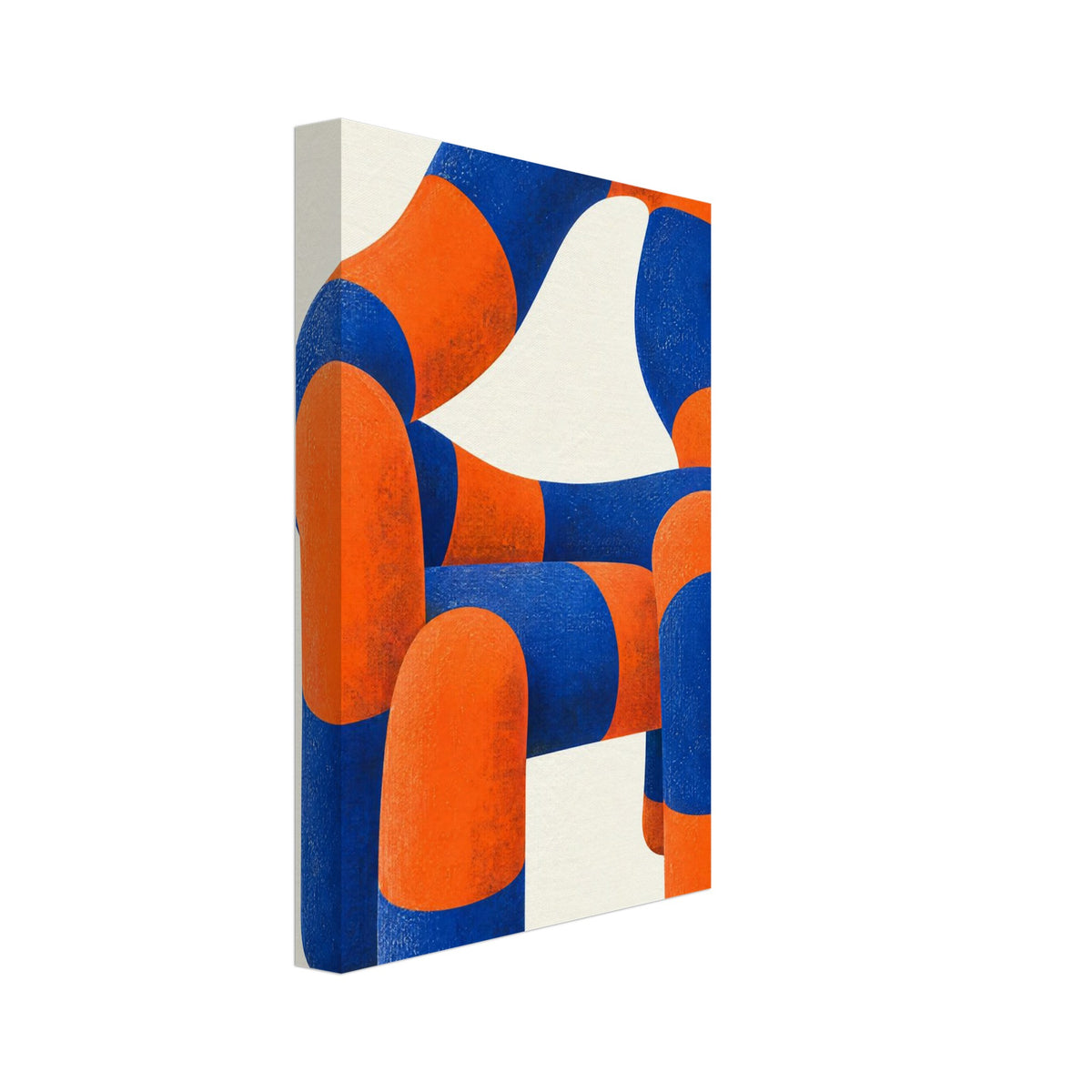 Sculptural chair made of rounded blue and orange sections with mottled texture against a cream background.