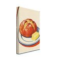 Round loaf and yellow butter on a blue-rimmed plate, with an orange-red arch border and textured cream background.