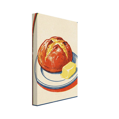 Round loaf and yellow butter on a blue-rimmed plate, with an orange-red arch border and textured cream background.