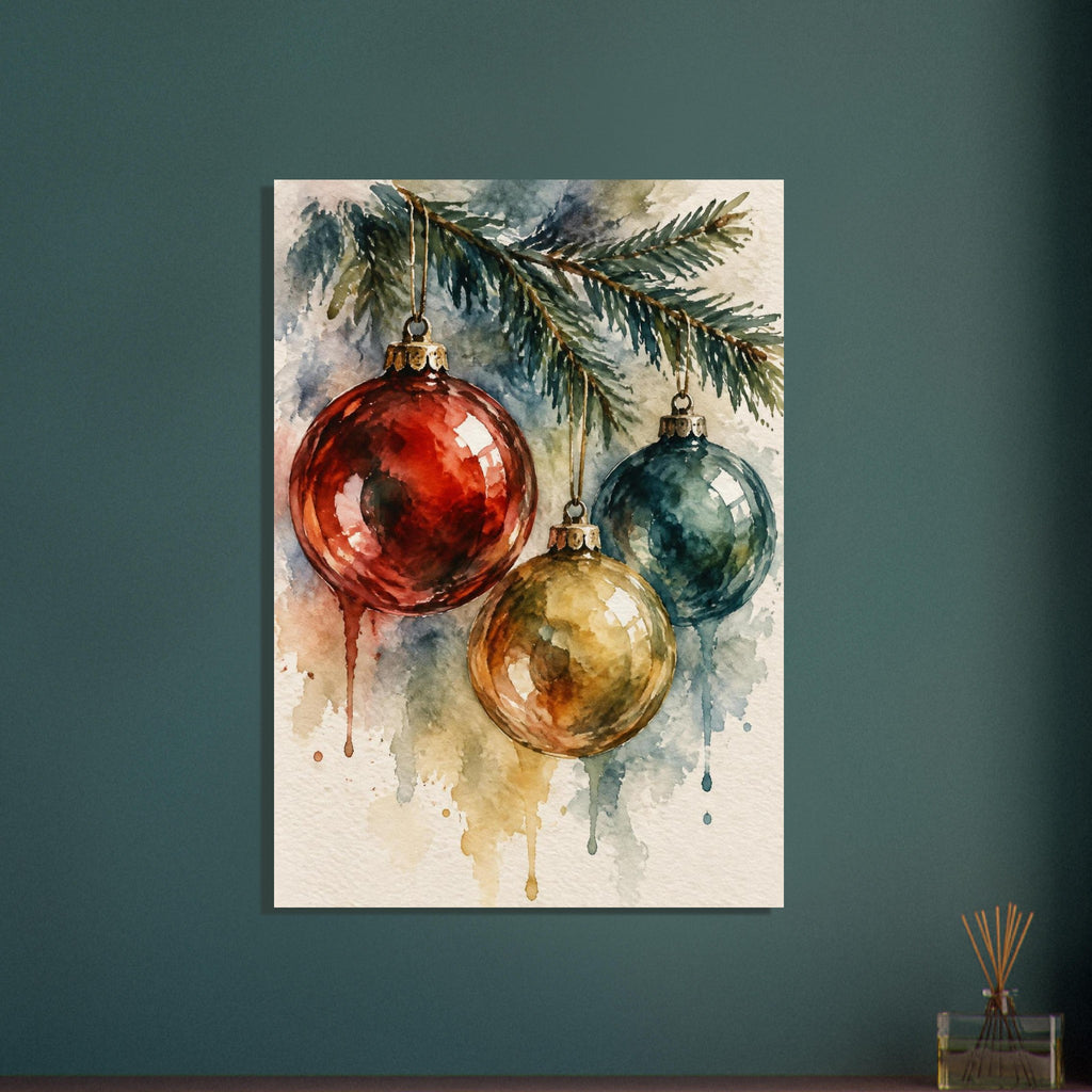 Watercolour painting of three vintage glass Christmas baubles hanging from a spruce twig