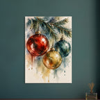 Watercolour painting of three vintage glass Christmas baubles hanging from a spruce twig