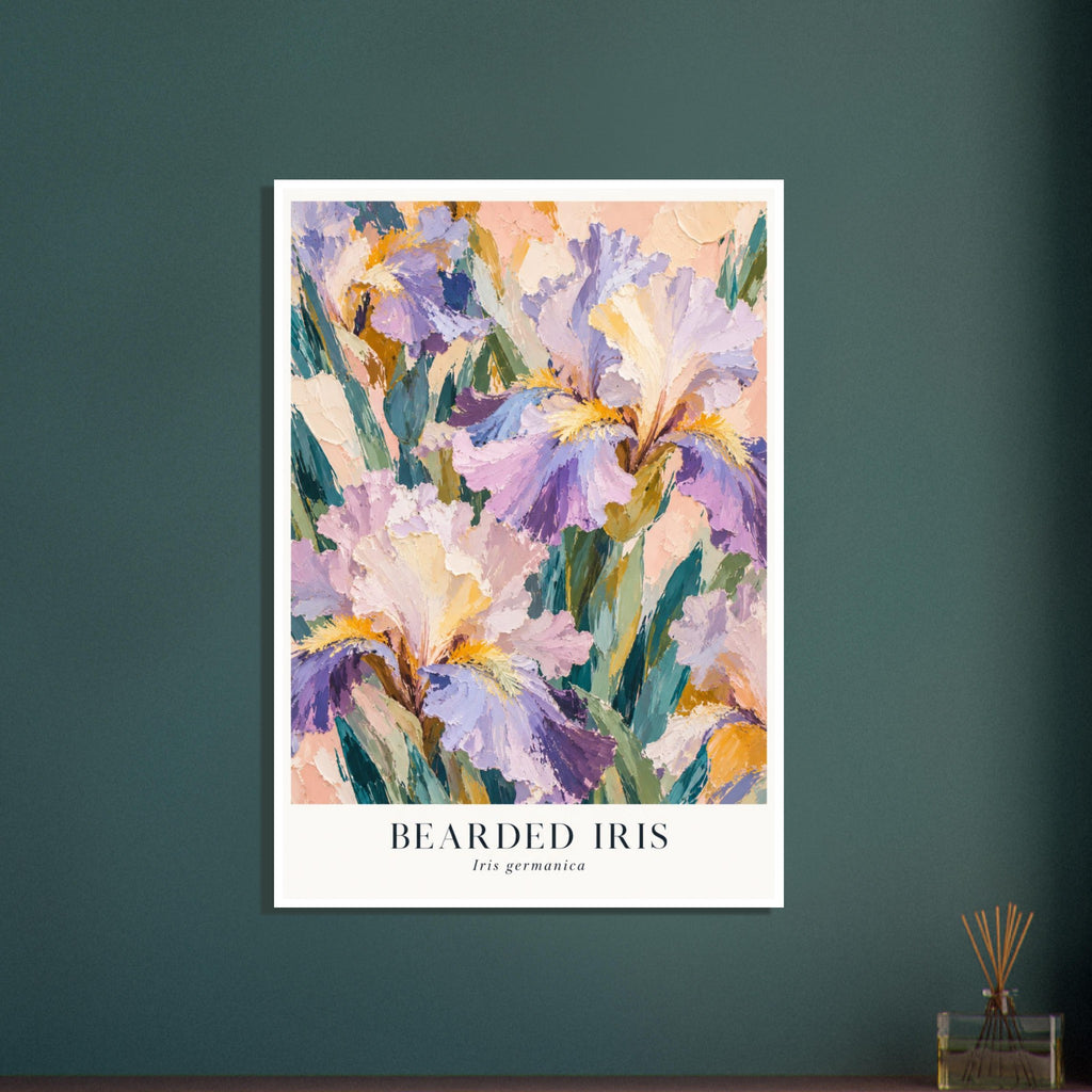 Bearded iris flowers in lilac and cream with green leaves, a peach background and botanical name lettering below.