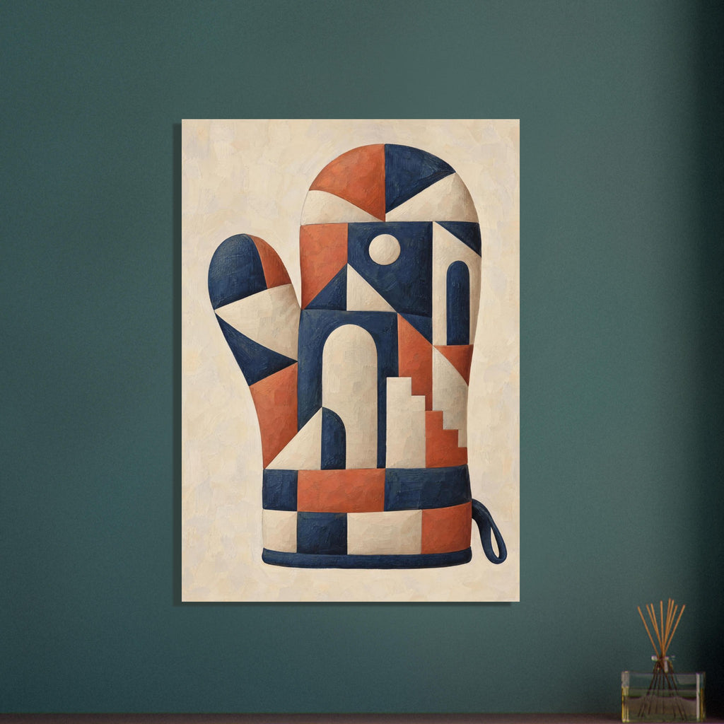 Oven glove with navy, terracotta and cream geometric shapes, arches and steps on a textured cream background.