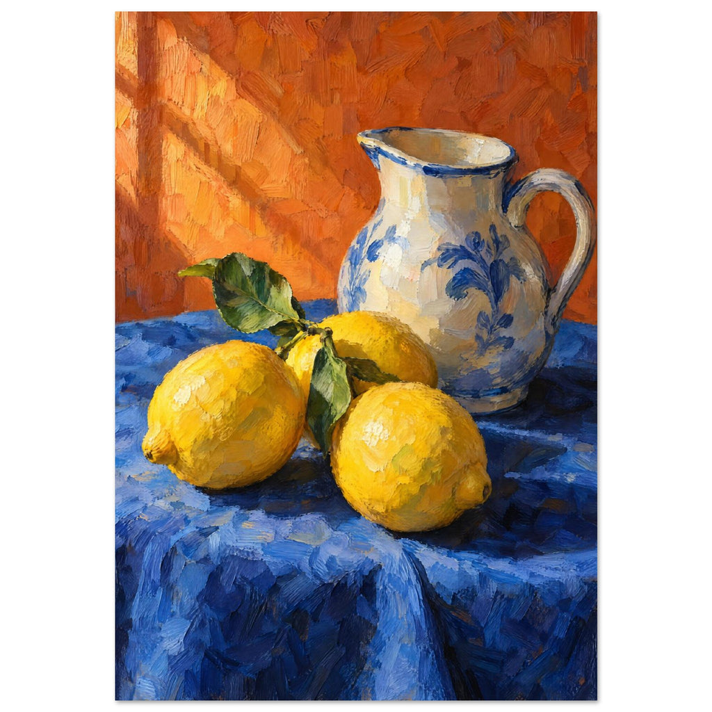 Three yellow lemons with green leaves beside a cream and blue floral jug on blue cloth against an orange background.