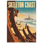 Skeleton Coast lettering above rusted shipwreck ribs, a sandy beach, teal waves and a distant wreck in the surf.