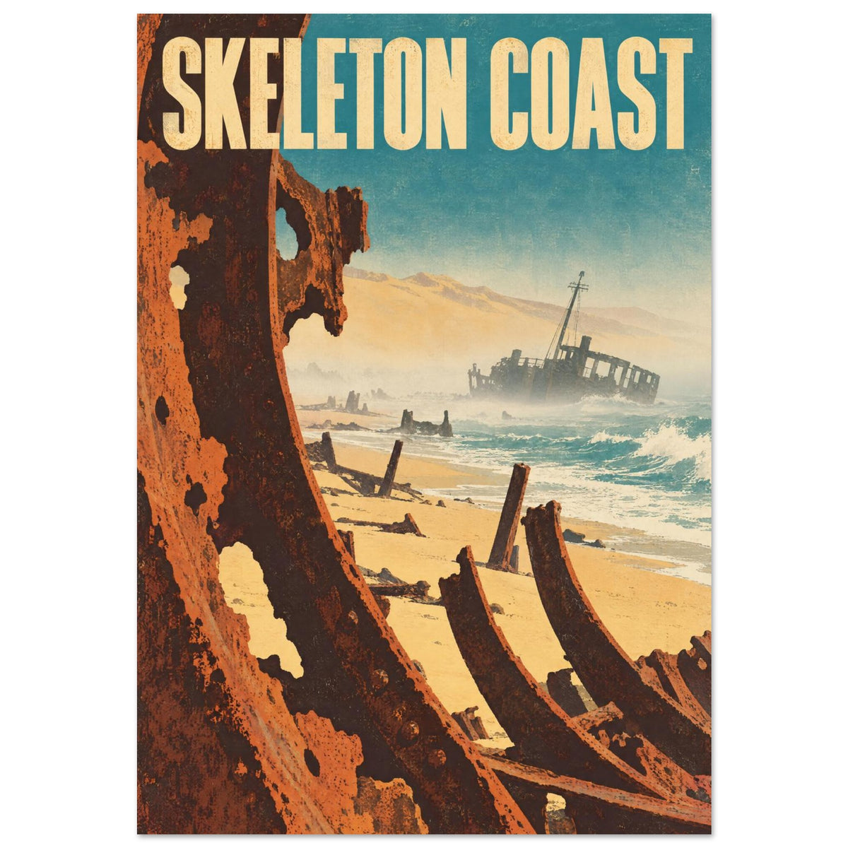 Skeleton Coast lettering above rusted shipwreck ribs, a sandy beach, teal waves and a distant wreck in the surf.