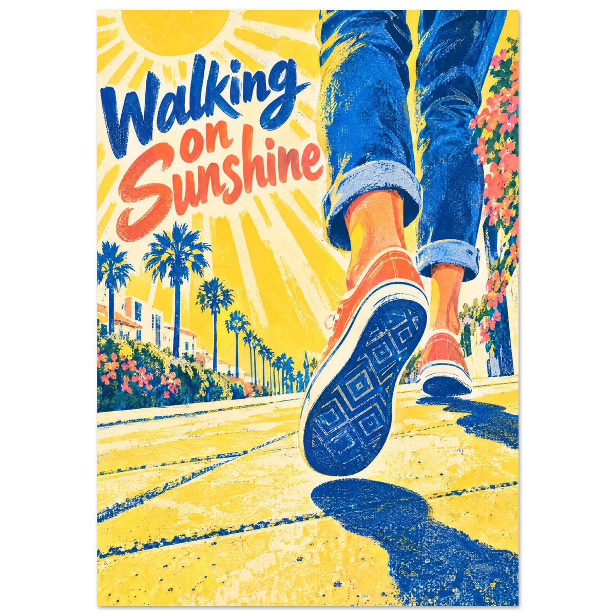 Walking on Sunshine lettering beside rolled-up blue jeans and red trainers on a yellow, palm-lined street.