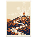 Figures follow a winding cream path up an orange and navy geometric hillside towards a tall bonfire beneath a pale sky.