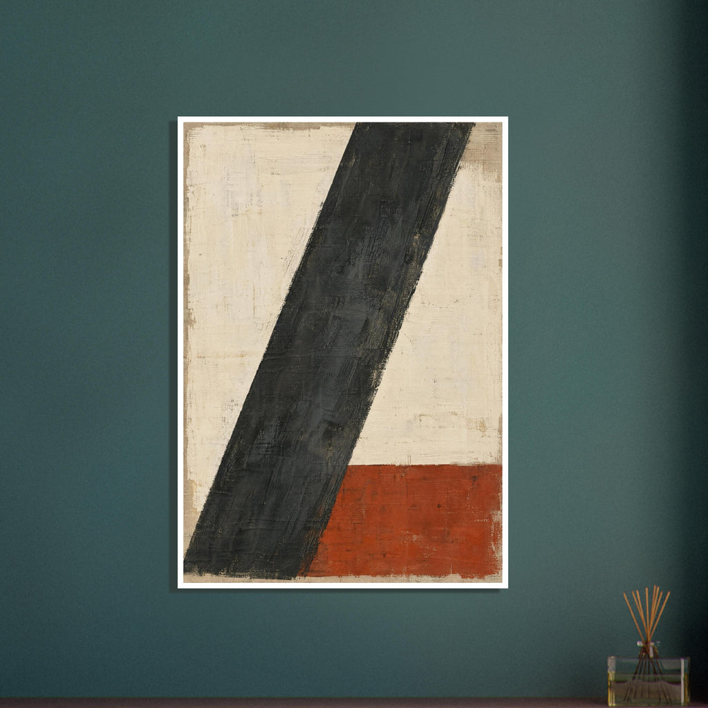 Broad charcoal diagonal stripe across a textured cream background, with a rust-red rectangular block at the lower right.