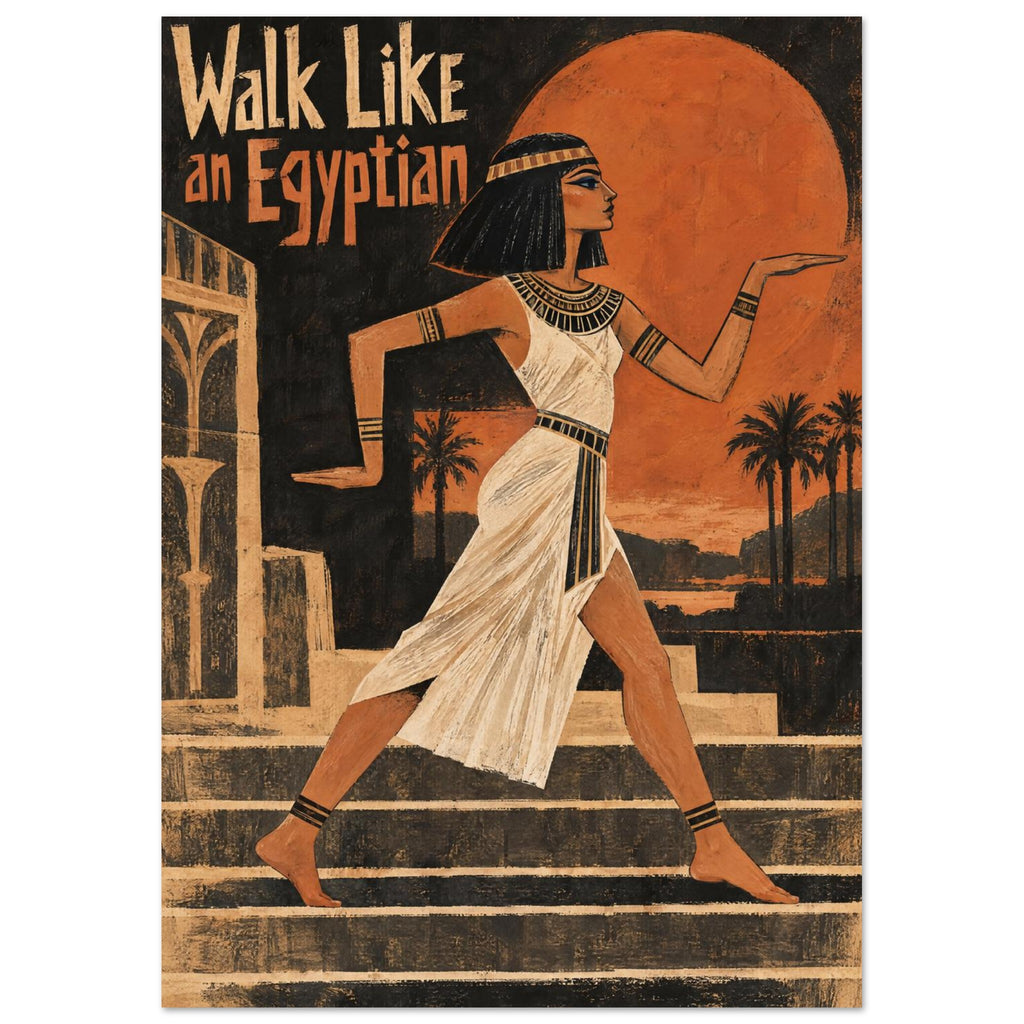 Egyptian-inspired woman in an ivory dress posing before an orange disc, with palms and 'Walk Like an Egyptian' text.
