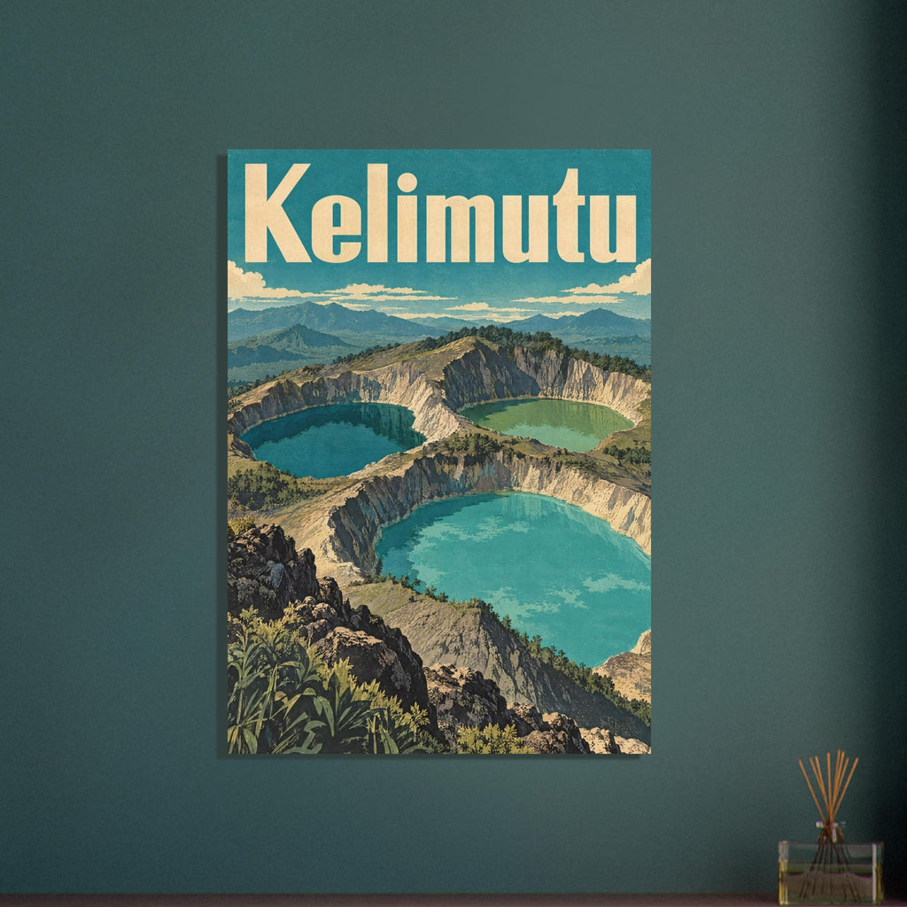 Kelimutu lettering above three turquoise and green crater lakes, rocky ridges, foreground plants and distant mountains.