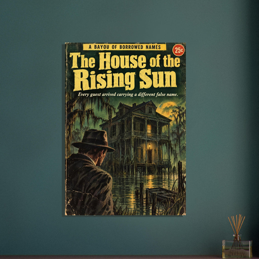 Man in a hat facing a wooden bayou house beneath yellow ‘The House of the Rising Sun’ lettering, with distressed edges.