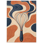 Kitchen whisk with a navy handle against textured, flowing bands of terracotta, cream and navy.