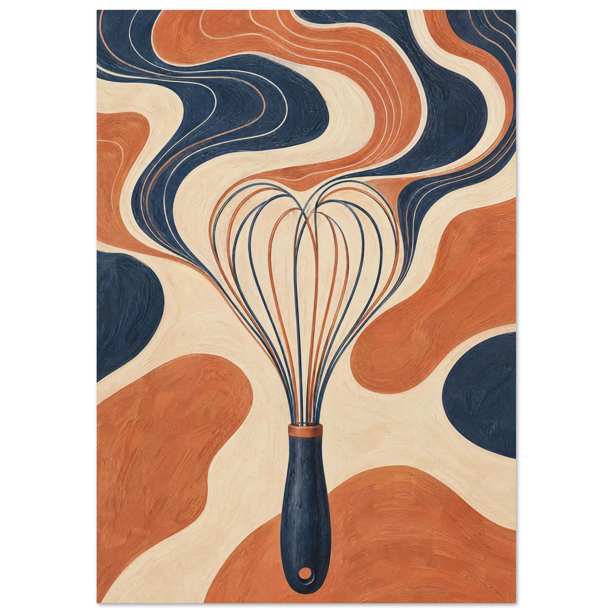 Kitchen whisk with a navy handle against textured, flowing bands of terracotta, cream and navy.