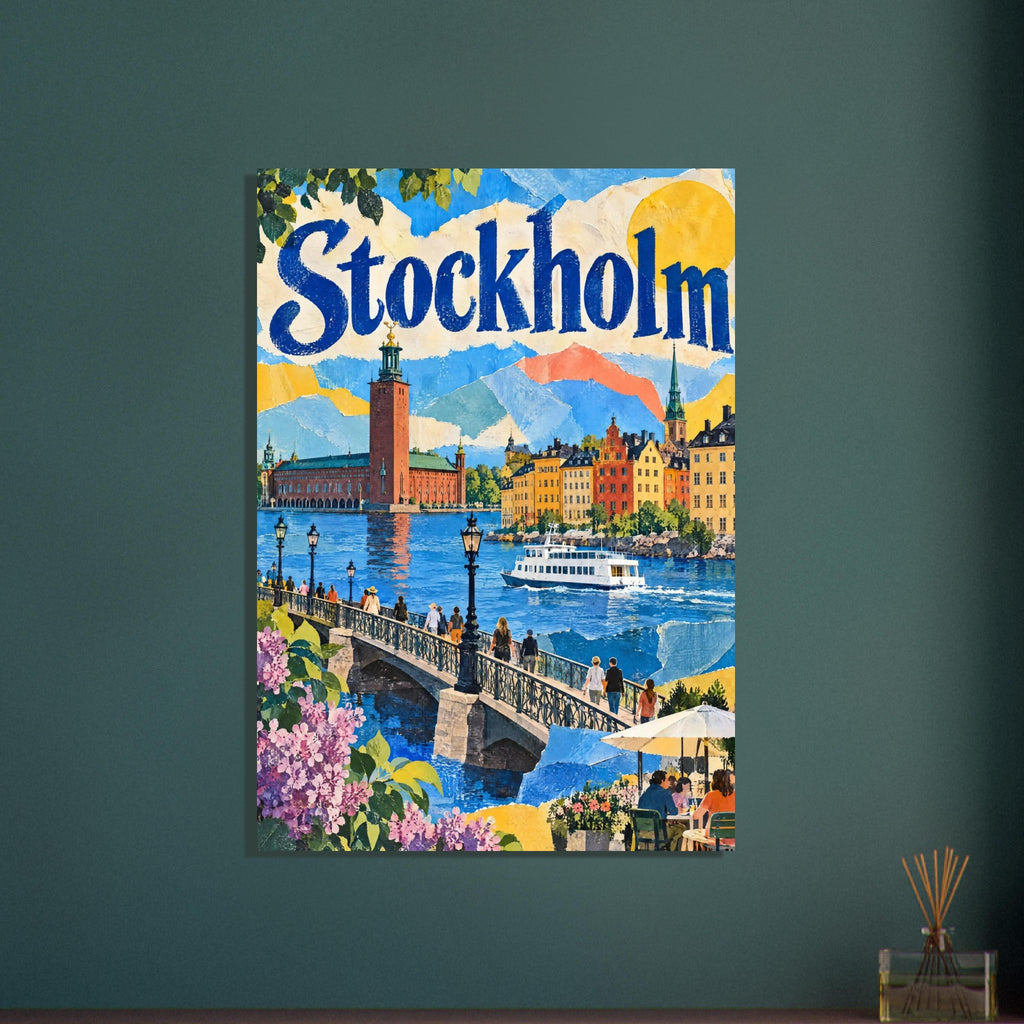 Stockholm lettering above a colourful waterfront, with a boat, pedestrian bridge, tall spires and lilac flowers.