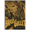 Monstrous brass instrument swallowing musicians above a conductor, with ochre and black lettering reading The Brass Gullet.