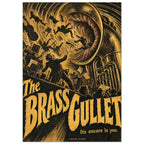 Monstrous brass instrument swallowing musicians above a conductor, with ochre and black lettering reading The Brass Gullet.