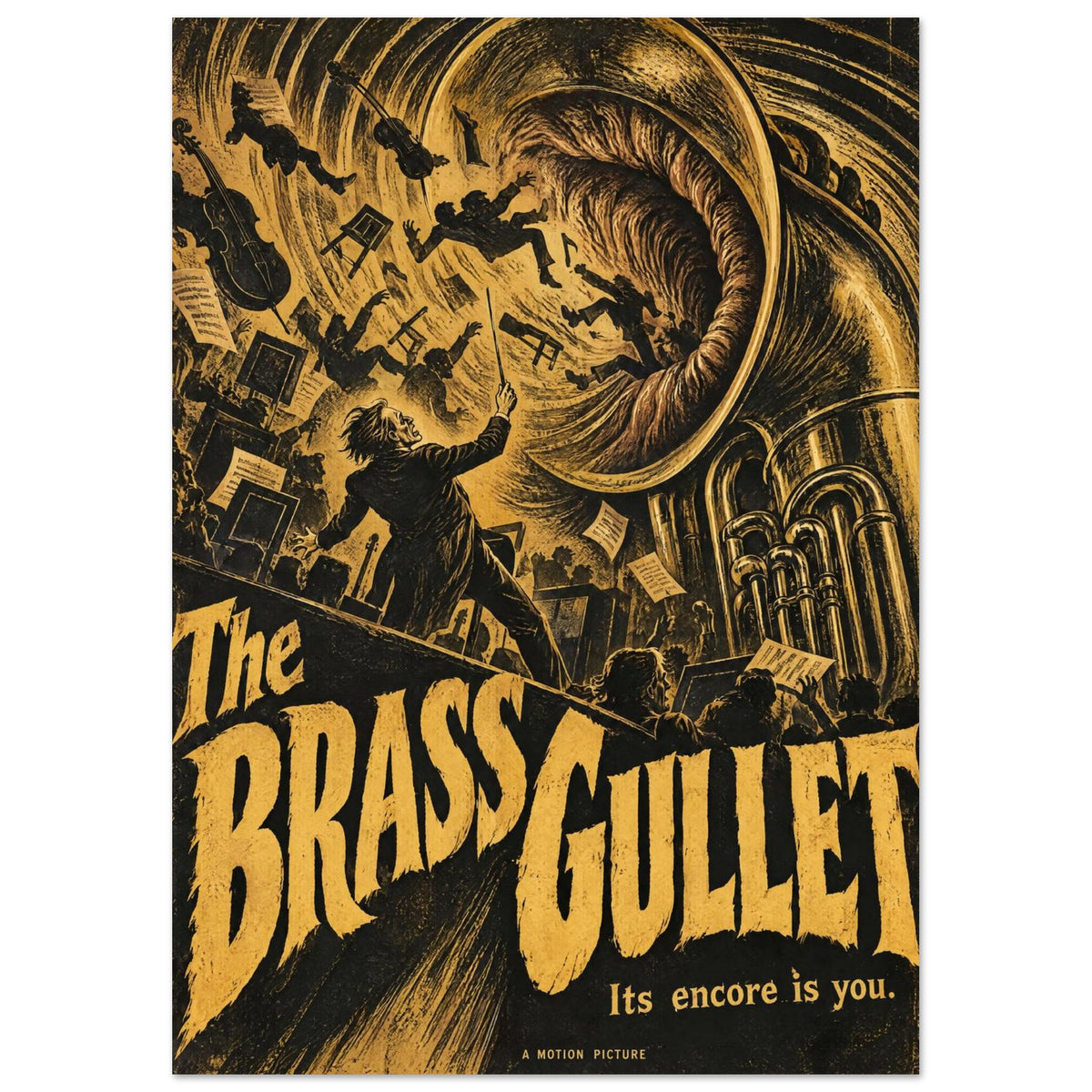 Monstrous brass instrument swallowing musicians above a conductor, with ochre and black lettering reading The Brass Gullet.