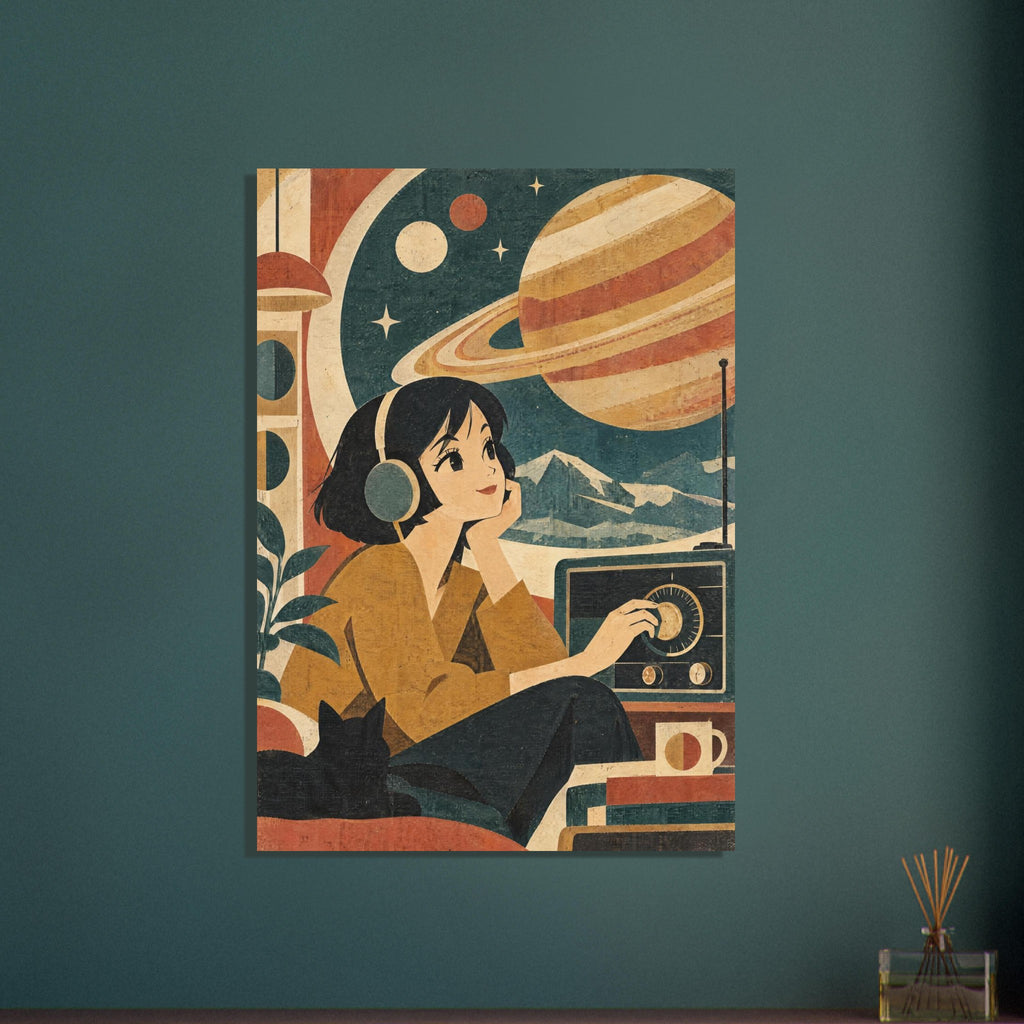 Saturn And Headphones Retro – illustration wall art print by Printavelle – close-up