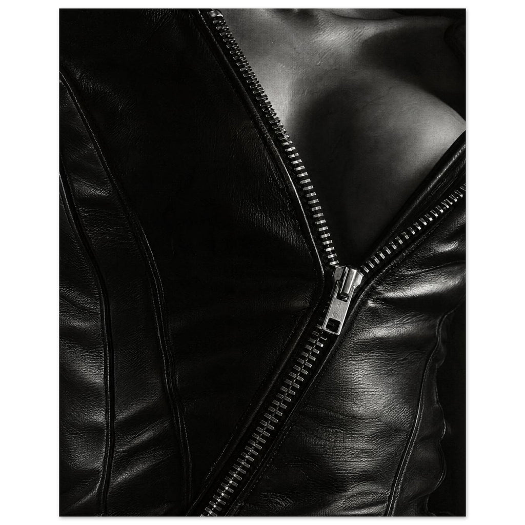 Black and white close-up of an open leather jacket with a diagonal metal zip and an exposed neckline.