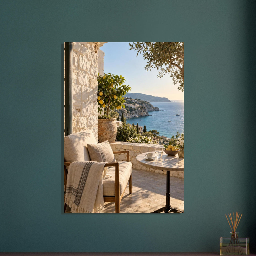 Lemon tree on a stone terrace with a cushioned chair, round table and blue sea overlooking a rocky coastline.