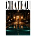 CHATEAU lettering above a woman in a pale gown beside a teal pool, facing a warmly lit building at night.