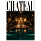 CHATEAU lettering above a woman in a pale gown beside a teal pool, facing a warmly lit building at night.