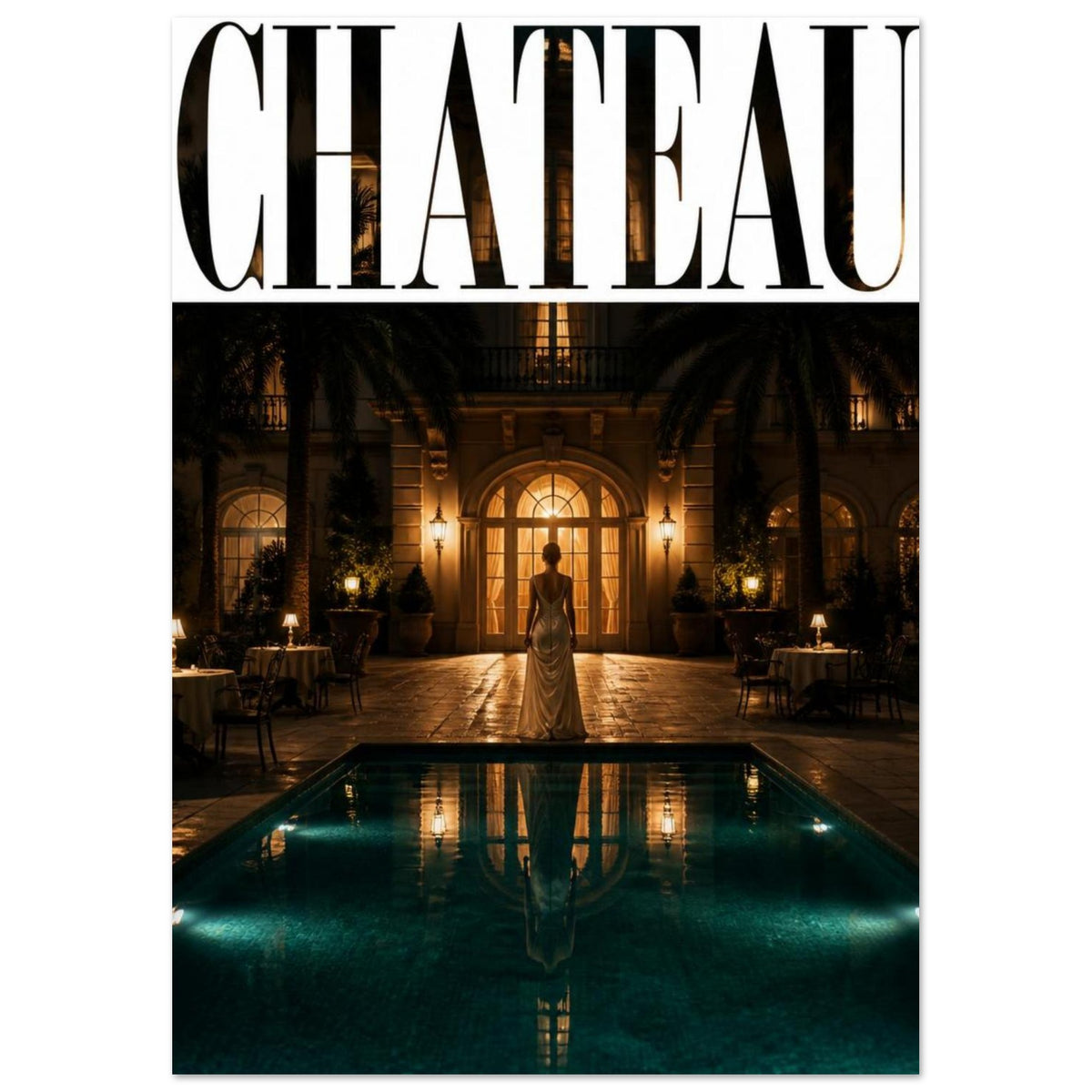 CHATEAU lettering above a woman in a pale gown beside a teal pool, facing a warmly lit building at night.