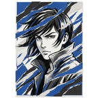 Manga-style portrait with windswept dark hair and a high collar, crossed by blue, black and off-white torn-paper bands.