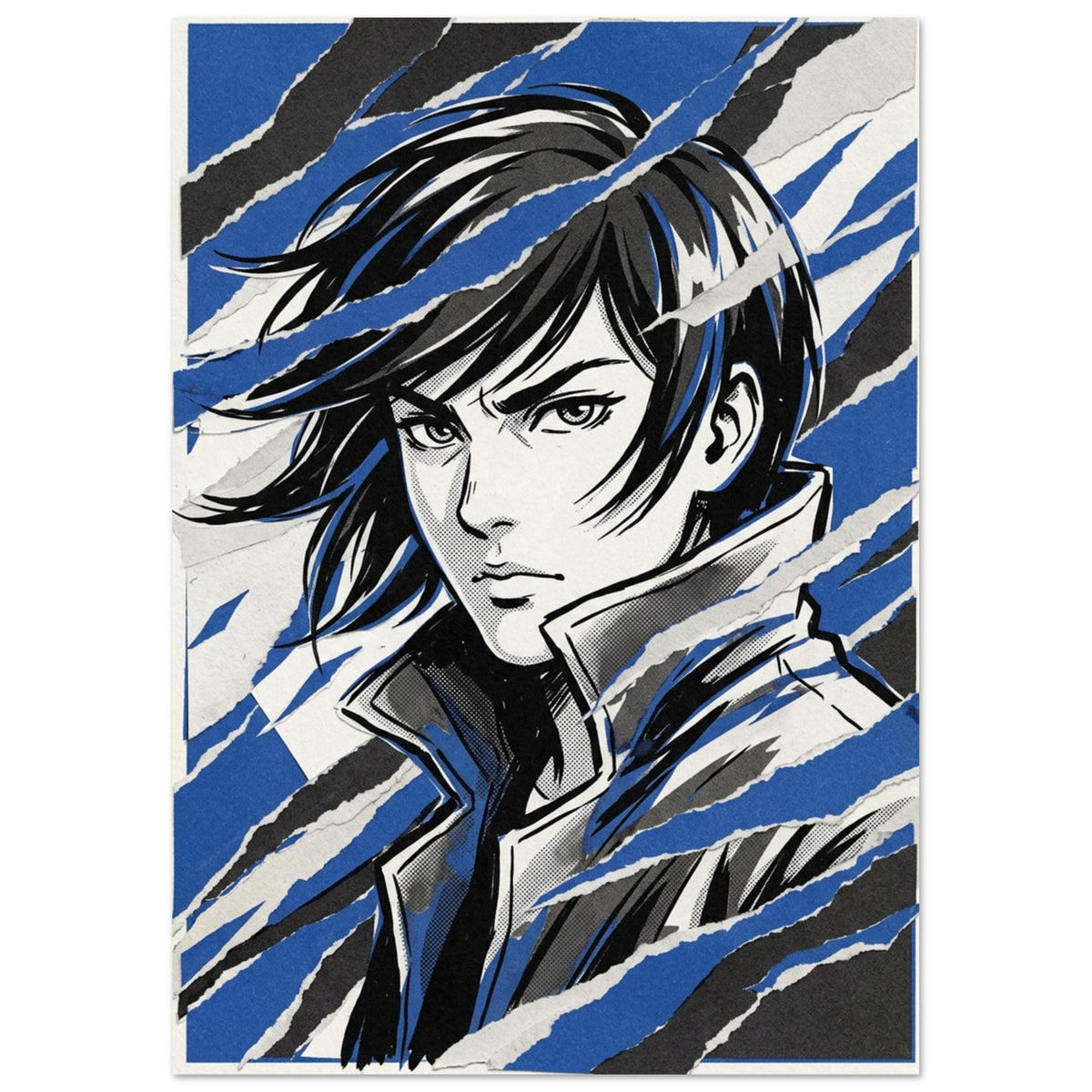 Manga-style portrait with windswept dark hair and a high collar, crossed by blue, black and off-white torn-paper bands.
