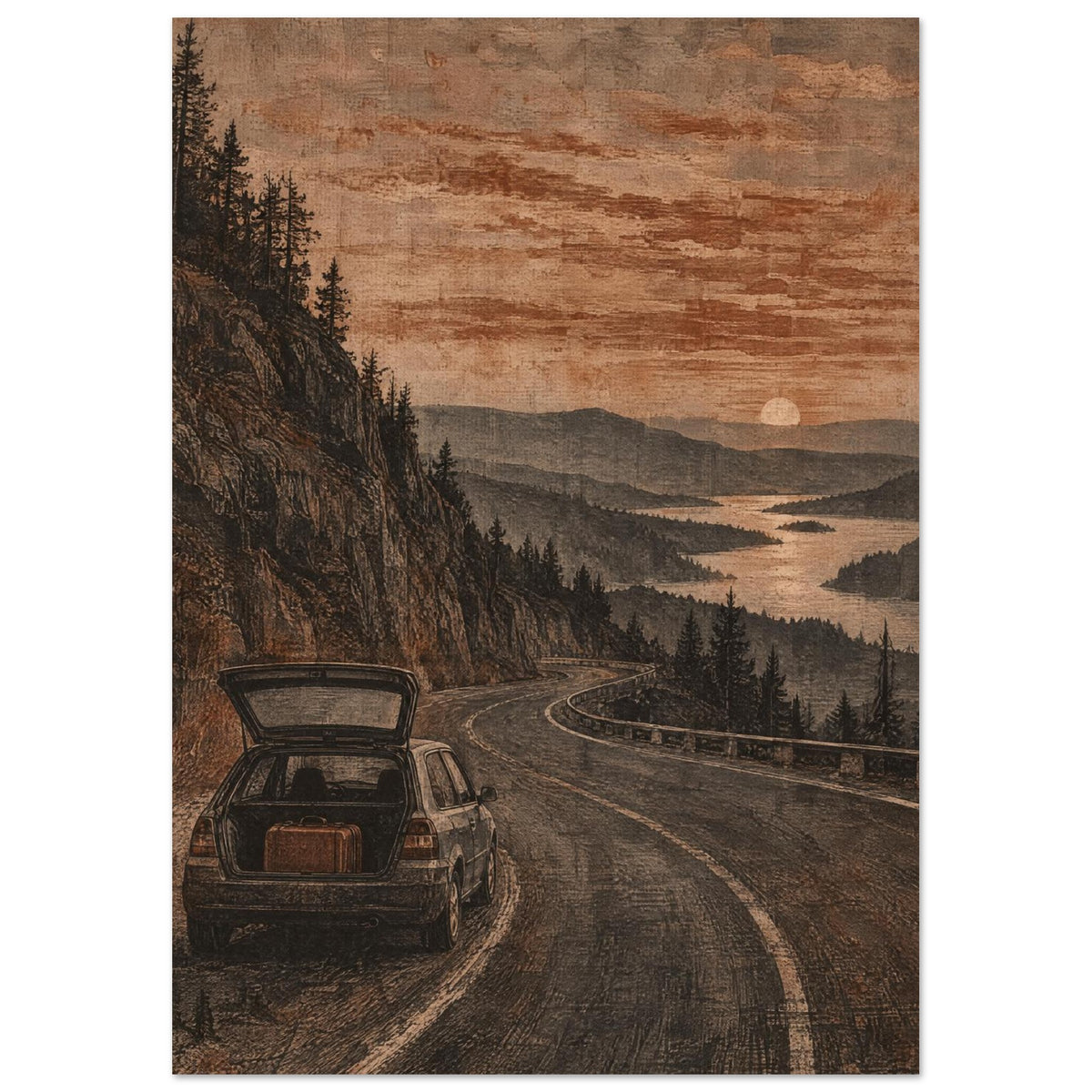 Car with an open boot and suitcase on a winding mountain road above water, with pine trees and a low sun in brown tones.