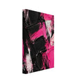 Abstract overlapping brushstrokes in hot pink, black and white, with thick ridges, scraped edges and broad painted patches.