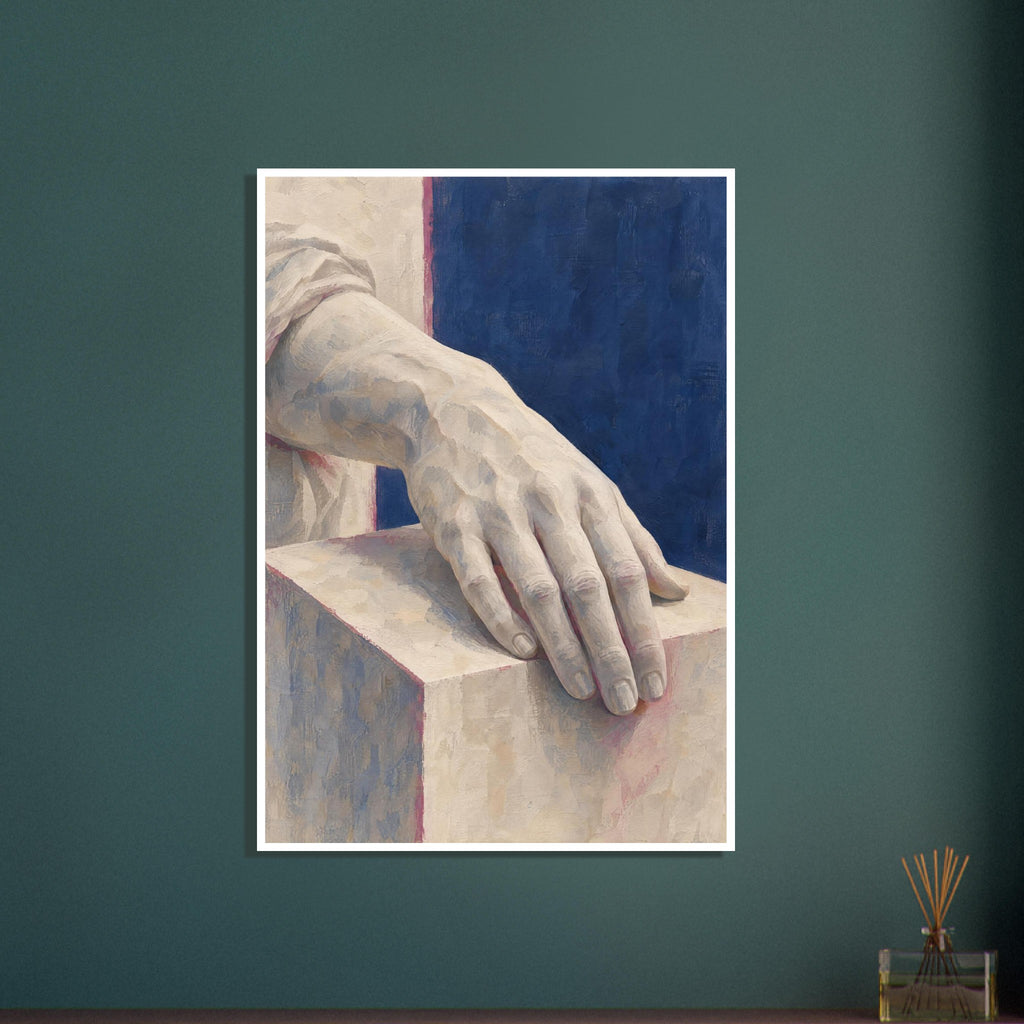 Pale painted hand resting on a rectangular block, with draped fabric at the wrist and a deep blue background.