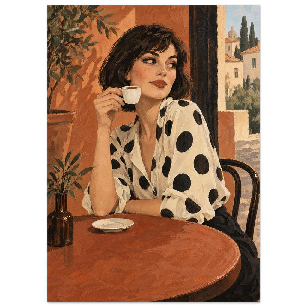 Polka Dot Espresso shows a bob-haired woman in a spotted ivory blouse lifting an espresso cup at a round café table.