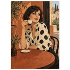 Polka Dot Espresso shows a bob-haired woman in a spotted ivory blouse lifting an espresso cup at a round café table.