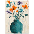 Orange, purple and teal flowers in a rounded teal vase, with paint splashes and drips on a cream background.