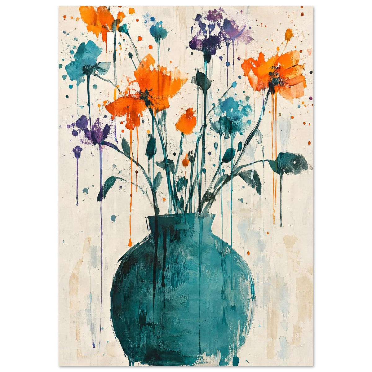 Orange, purple and teal flowers in a rounded teal vase, with paint splashes and drips on a cream background.