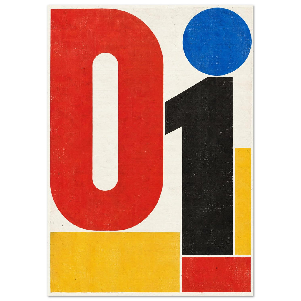 Large red zero and black one with a blue circle and yellow rectangles on a textured cream background.