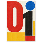 Large red zero and black one with a blue circle and yellow rectangles on a textured cream background.